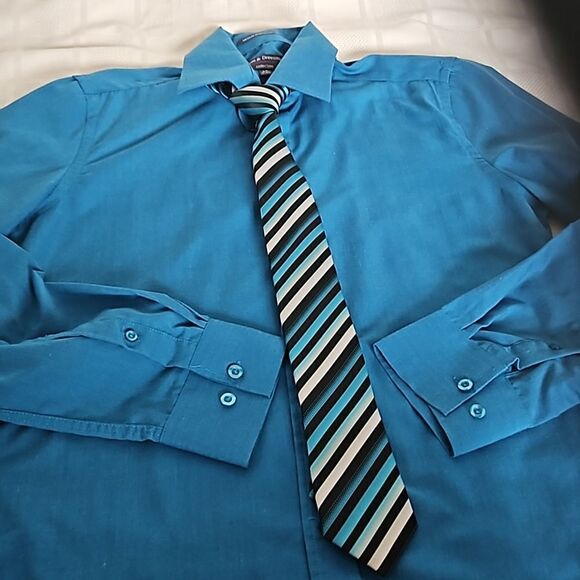 Vroom & Dreesmann Men's Button Down Long Sleeves Shirt With Tie Small Blue - Picture 14 of 16